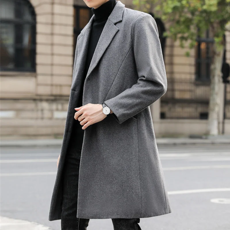 Herren Langer eleganter Einreihiger Wollmix-Mantel mit klassischem Revers Drune