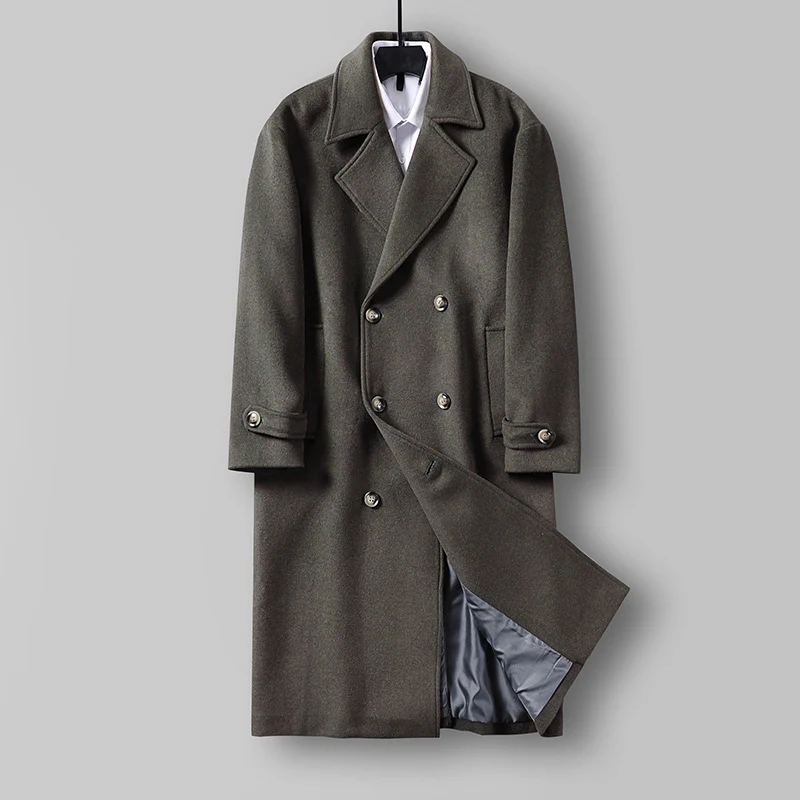 Herren Langer Doppelreihiger Wollmantel mit minimalistischer Silhouette und Schalkragen Drune
