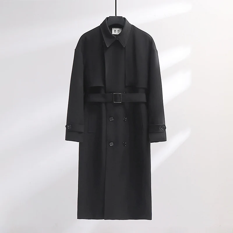 Herren Langer Doppelreihiger Trenchcoat mit Taillengürtel und Oversize‑Schalkragen Drune