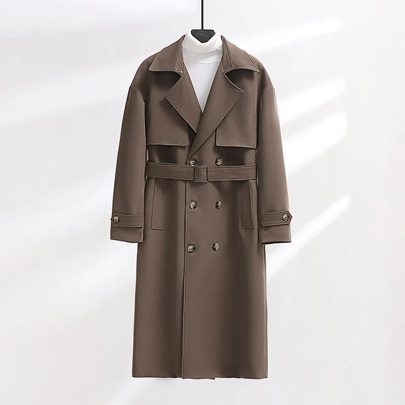Herren Langer Doppelreihiger Trenchcoat mit Taillengürtel und Oversize‑Schalkragen Drune