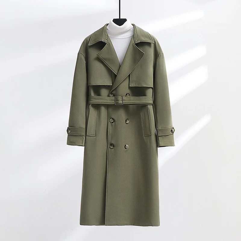 Herren Langer Doppelreihiger Trenchcoat mit Taillengürtel und Oversize‑Schalkragen Drune