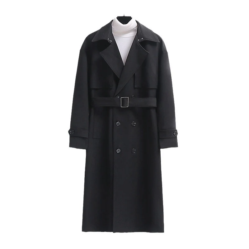 Herren Langer Doppelreihiger Trenchcoat mit Taillengürtel und Oversize‑Schalkragen Drune