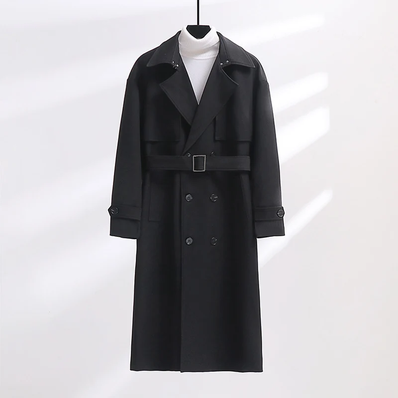 Herren Langer Doppelreihiger Trenchcoat mit Taillengürtel und Oversize‑Schalkragen Drune