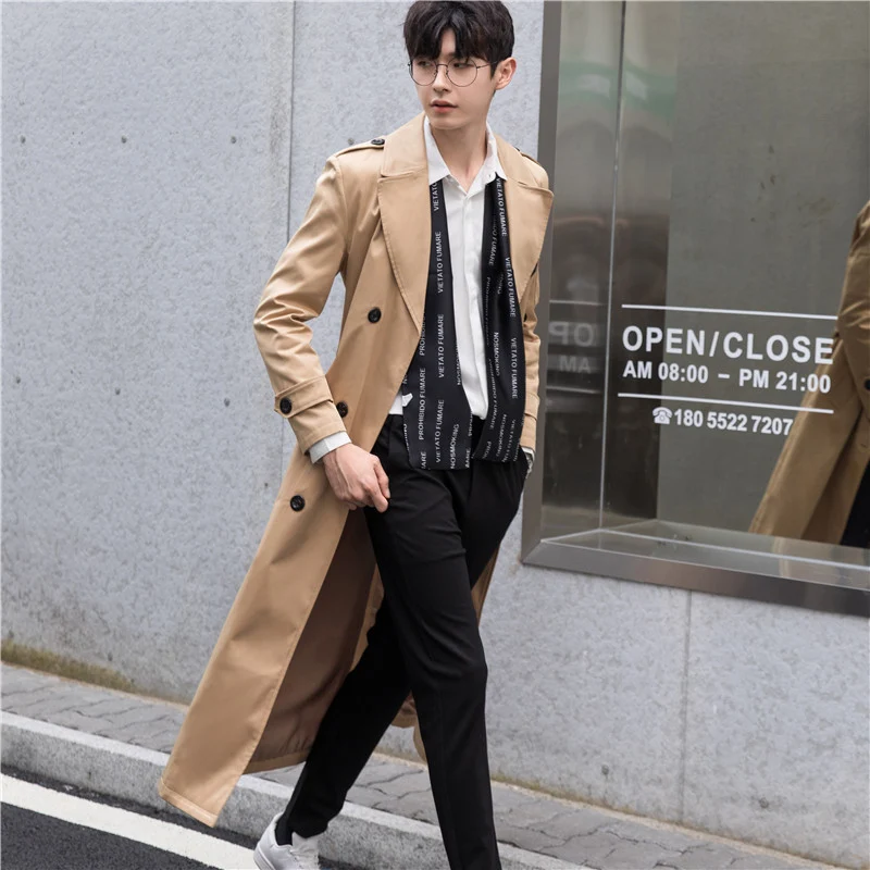 Herren Lange taillierte Trenchcoat-Jacke mit Reißärmeltasche, Wind- und Wasserabweisend Drune