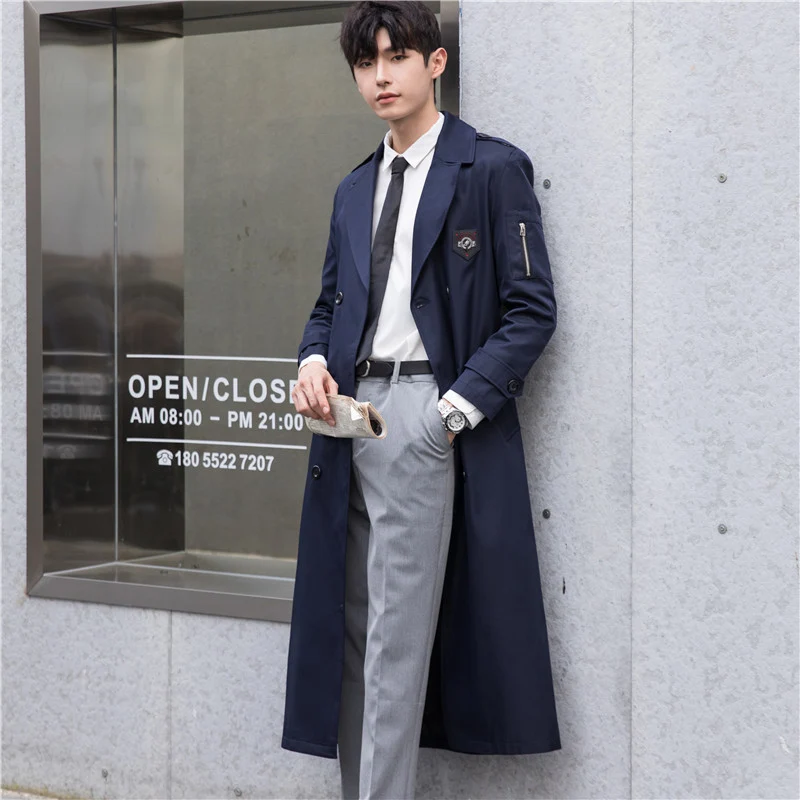 Herren Lange taillierte Trenchcoat-Jacke mit Reißärmeltasche, Wind- und Wasserabweisend Drune