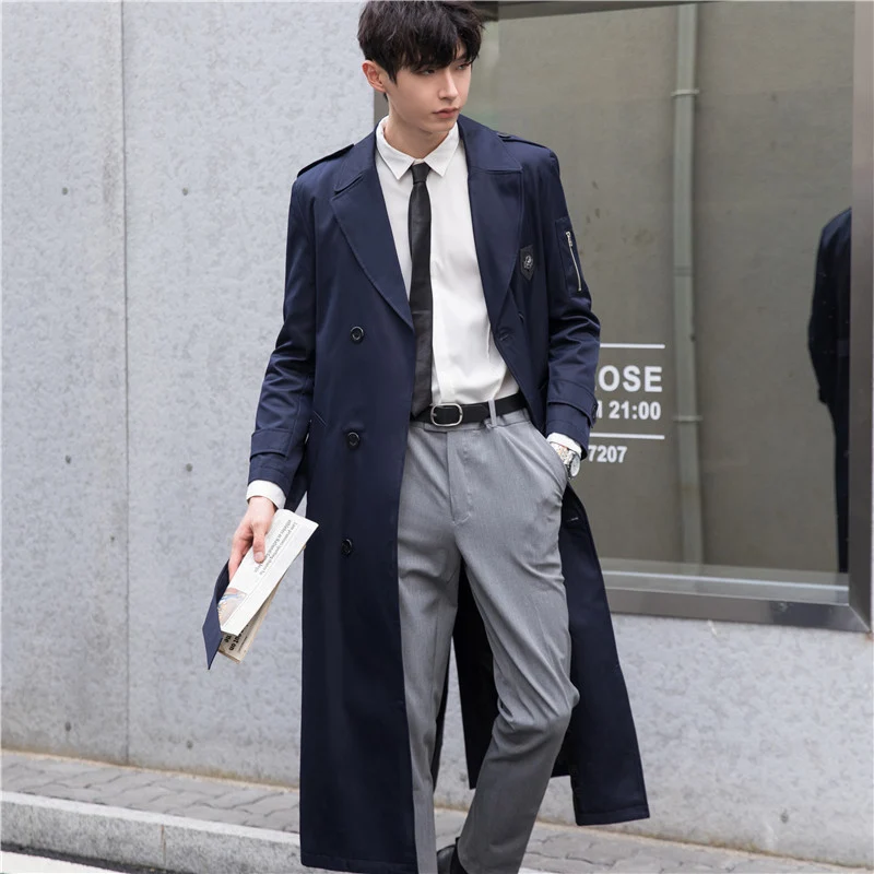 Herren Lange taillierte Trenchcoat-Jacke mit Reißärmeltasche, Wind- und Wasserabweisend Drune