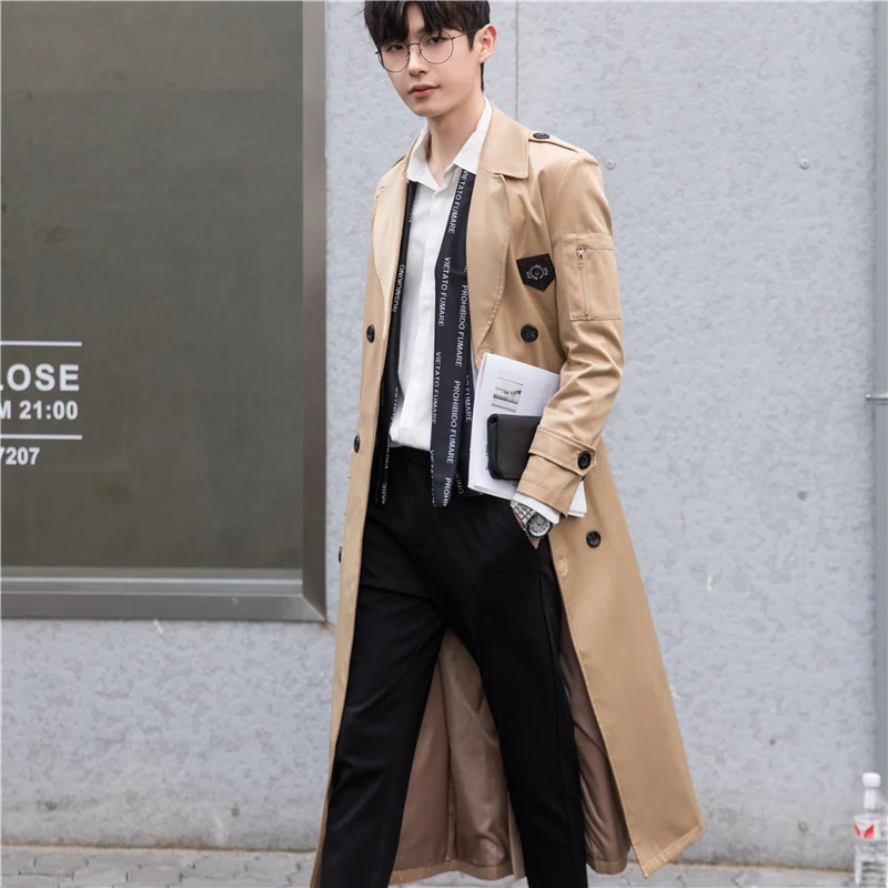 Herren Lange taillierte Trenchcoat-Jacke mit Reißärmeltasche, Wind- und Wasserabweisend Drune