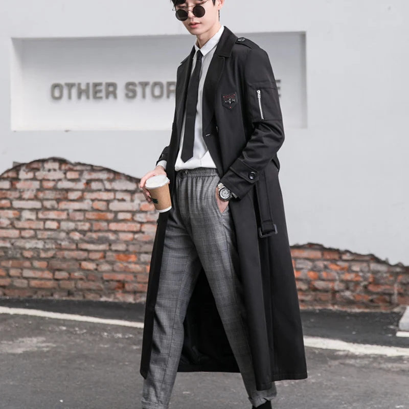 Herren Lange taillierte Trenchcoat-Jacke mit Reißärmeltasche, Wind- und Wasserabweisend Drune
