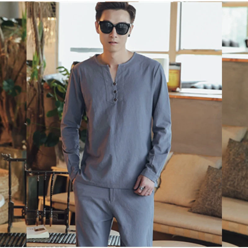 Herren Langärmeliges Henley-Loungewear-Oberteil mit Stehkragen und dekorativer Knopfleiste Drune