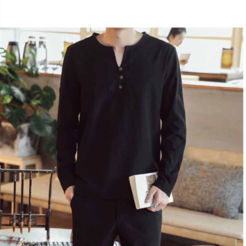 Herren Langärmeliges Henley-Loungewear-Oberteil mit Stehkragen und dekorativer Knopfleiste Drune