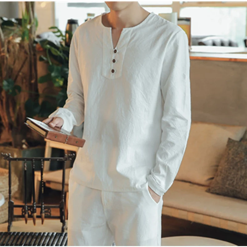 Herren Langärmeliges Henley-Hemd mit Stehkragen, Kurzknopfleiste und Relaxed Fit Drune