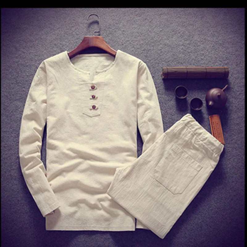 Herren Langärmeliges Henley-Hemd mit Stehkragen, Kurzknopfleiste und Relaxed Fit Drune