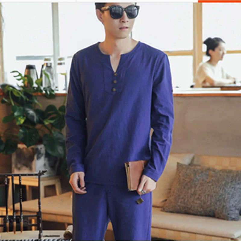 Herren Langärmeliges Henley-Hemd mit Stehkragen, Kurzknopfleiste und Relaxed Fit Drune