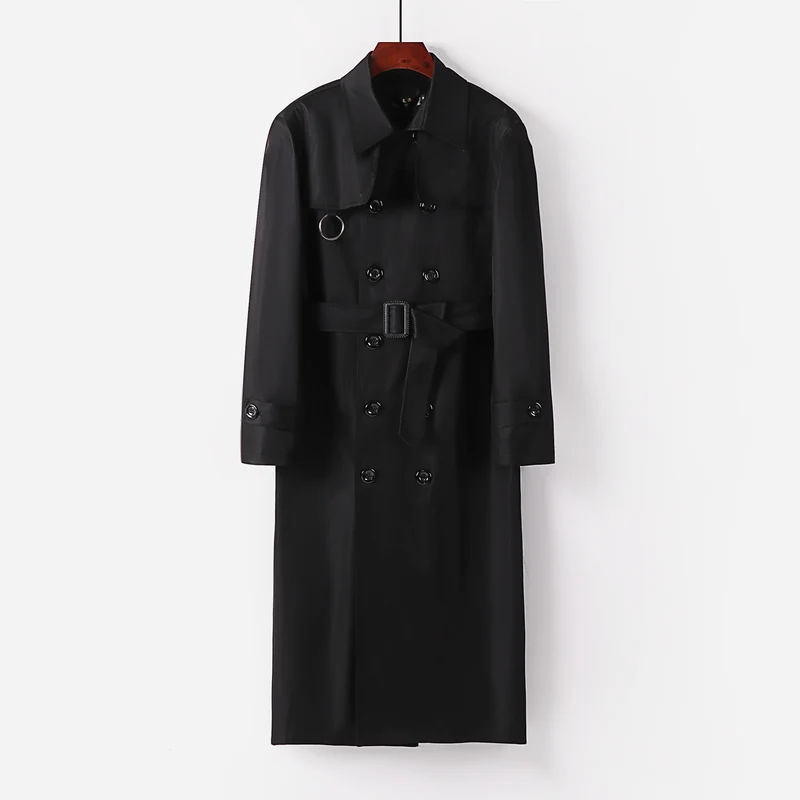 Herren Lang geschnittener Doppelbrust-Trench mit Taillengürtel und dekorativem Ringdetail Drune