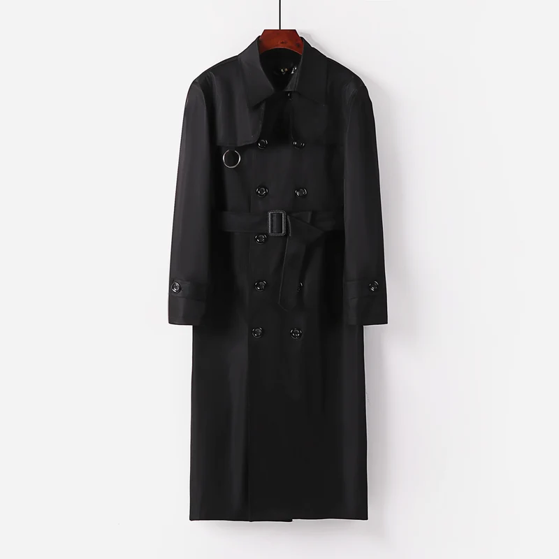 Herren Lang geschnittener Doppelbrust-Trench mit Taillengürtel und dekorativem Ringdetail Drune
