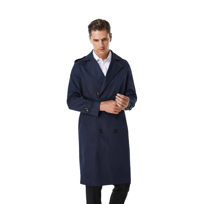 Herren Knielanger Trenchcoat im klassischen Doppelreiher mit Schulterklappen und Taillengürtel Drune