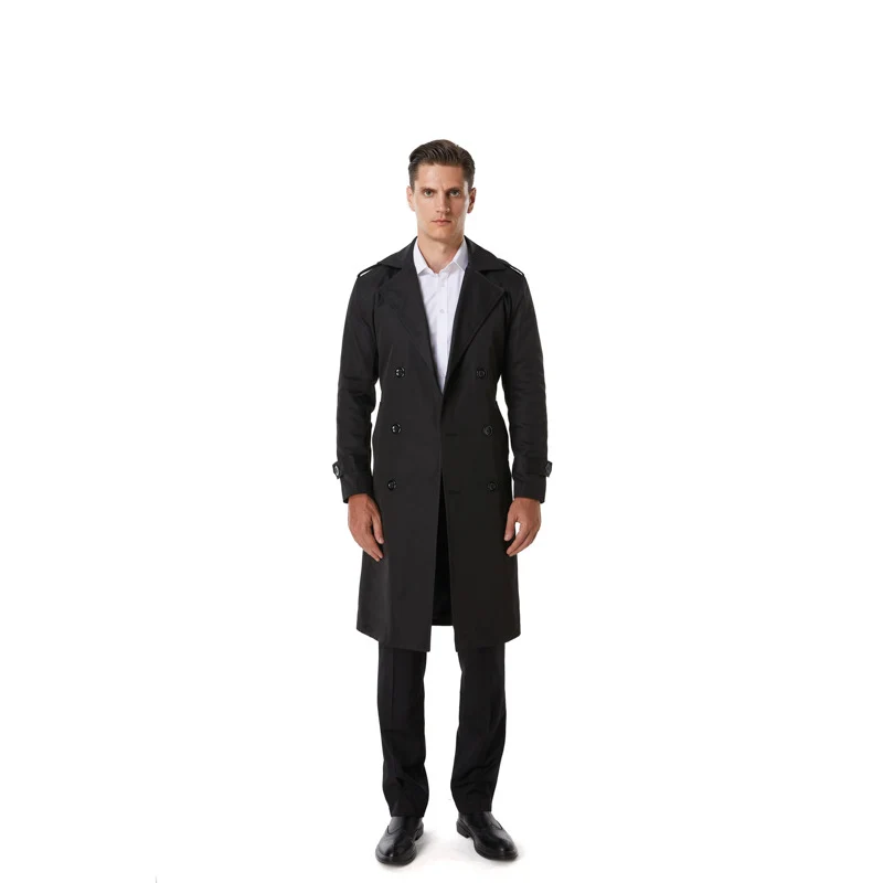 Herren Knielanger Trenchcoat im klassischen Doppelreiher mit Schulterklappen und Taillengürtel Drune