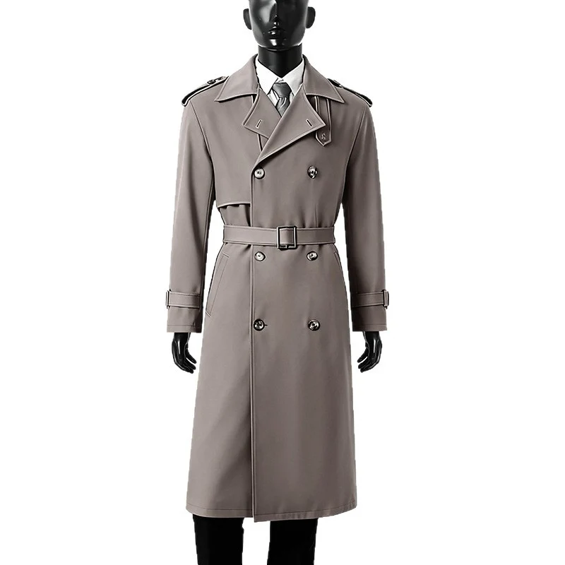 Herren Knielanger doppelreihiger Trenchcoat mit Epauletten, Sturmklappe und Manschettenriegel Drune