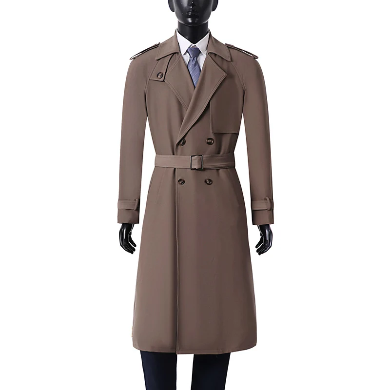 Herren Klassischer Doppelreihiger Trenchcoat aus leichtem Wollmix mit Schalkragen und Epauletten Drune
