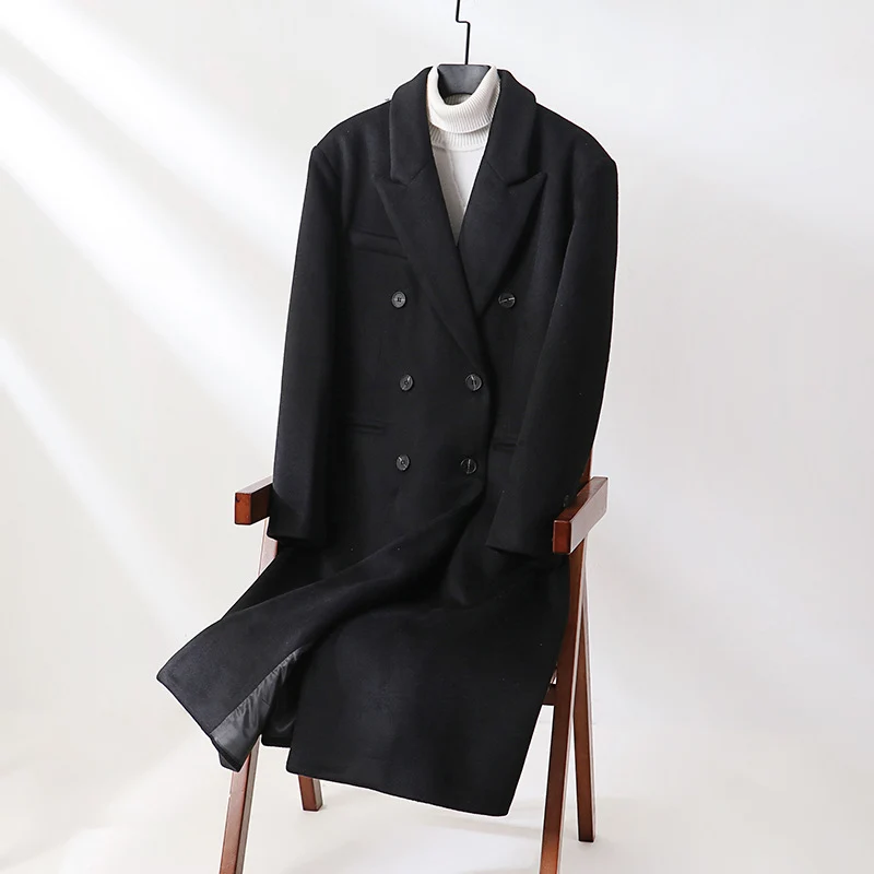 Herren Klassischer Doppelreiher-Longcoat aus Wollmischung mit Schalkragen und feiner Innenfutterverarbeitung Drune