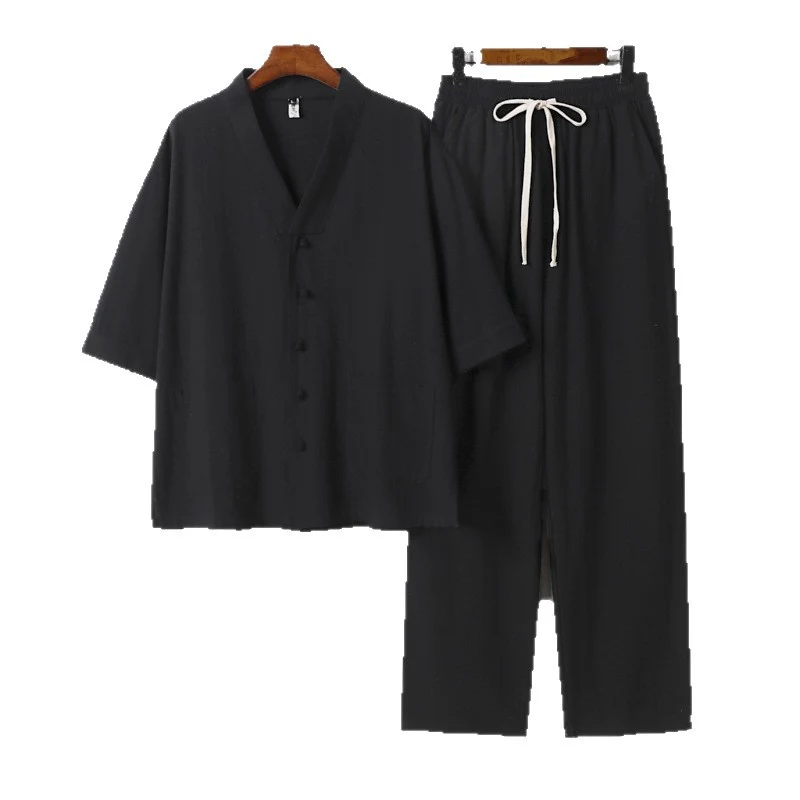 Herren Kimono-Zweiteiler aus Leinenmischung mit V-Ausschnitt, aufgesetzten Taschen und Kordelbundhose Drune