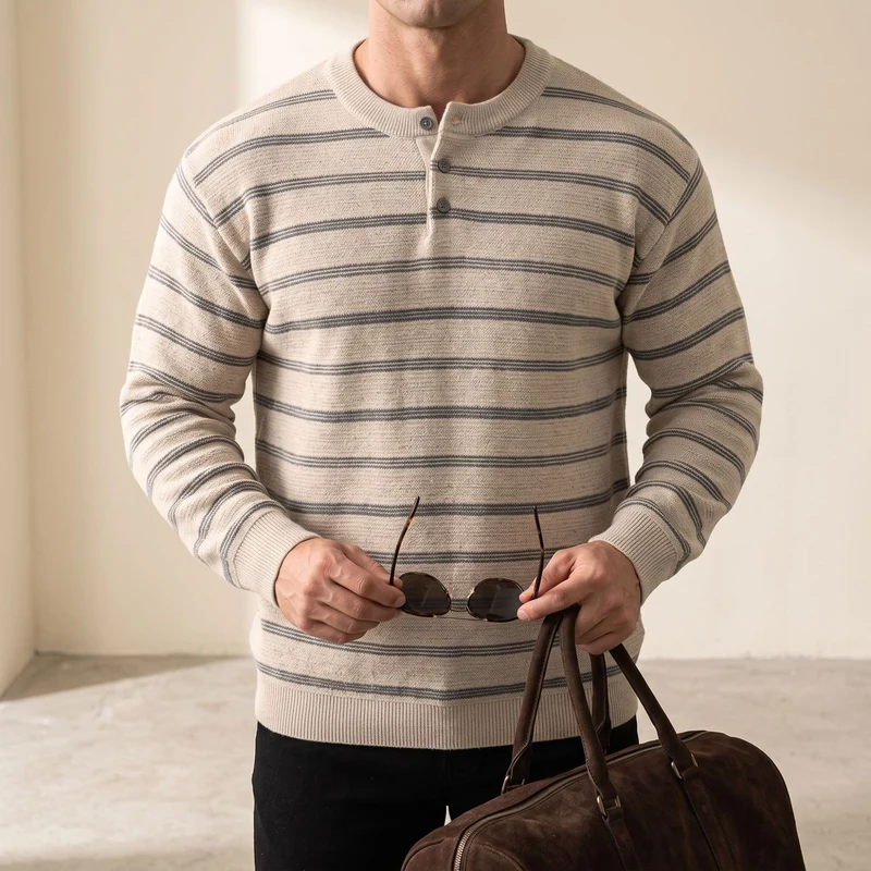 Herren Gestreifter Feinstrick-Henley-Pullover mit Knopfleiste und Rippbündchen Drune