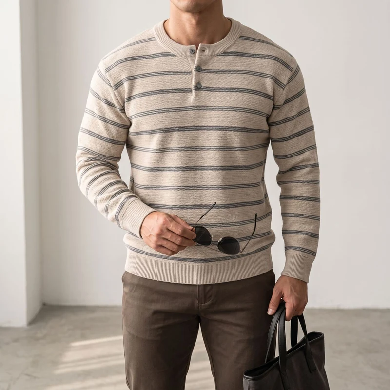 Herren Gestreifter Feinstrick-Henley-Pullover mit Knopfleiste und Rippbündchen Drune