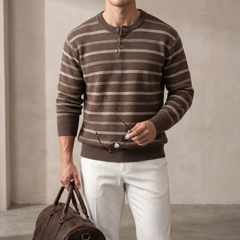 Herren Gestreifter Feinstrick-Henley-Pullover mit Knopfleiste und Rippbündchen Drune