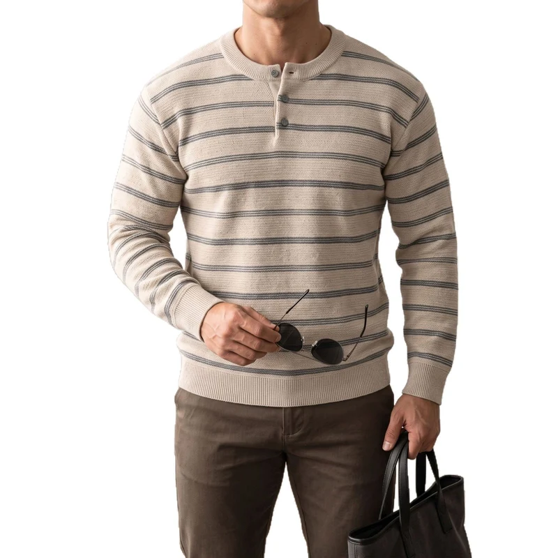 Herren Gestreifter Feinstrick-Henley-Pullover mit Knopfleiste und Rippbündchen Drune