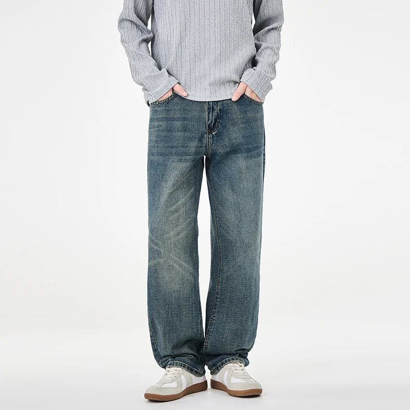 Herren Gerade geschnittene weite Jeans mit hohem Bund und Vintage-Waschung Drune