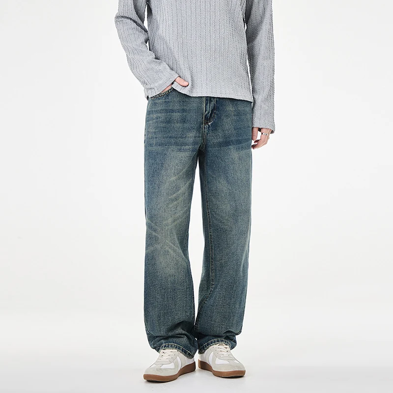 Herren Gerade geschnittene weite Jeans mit hohem Bund und Vintage-Waschung Drune
