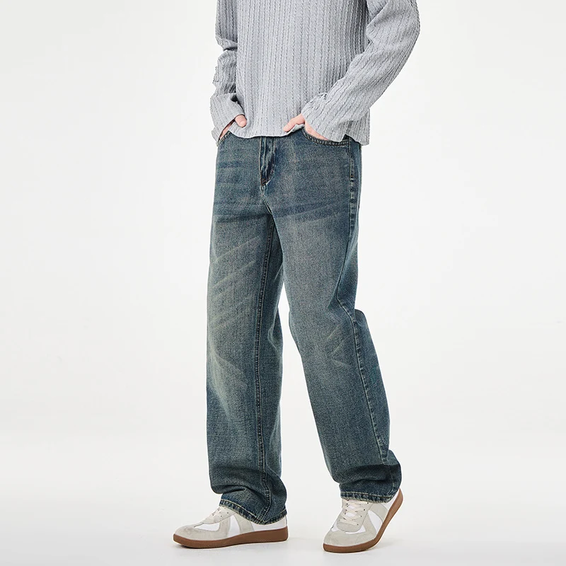 Herren Gerade geschnittene weite Jeans mit hohem Bund und Vintage-Waschung Drune