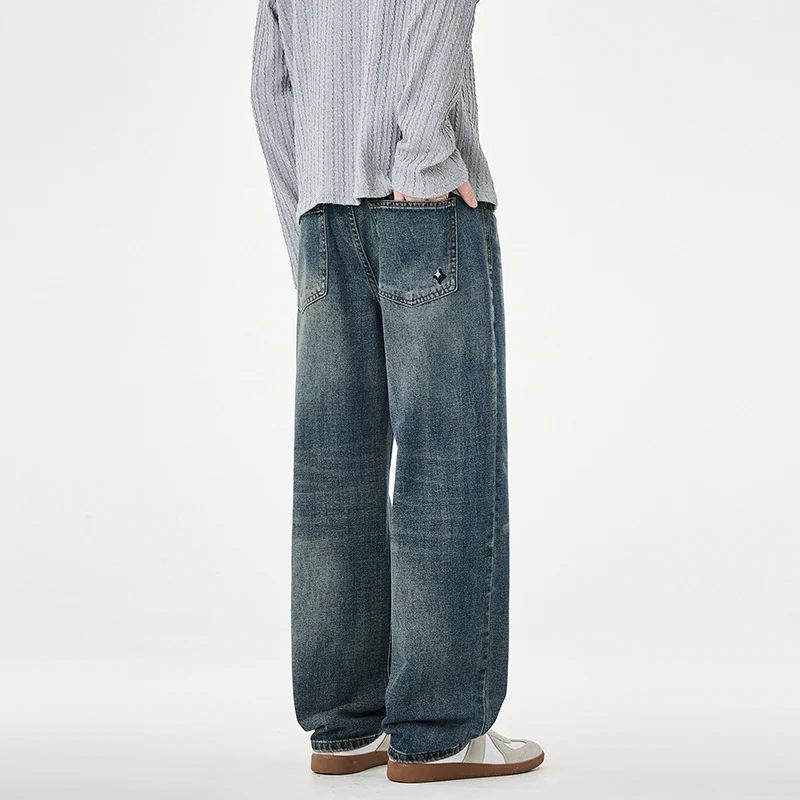 Herren Gerade geschnittene weite Jeans mit hohem Bund und Vintage-Waschung Drune