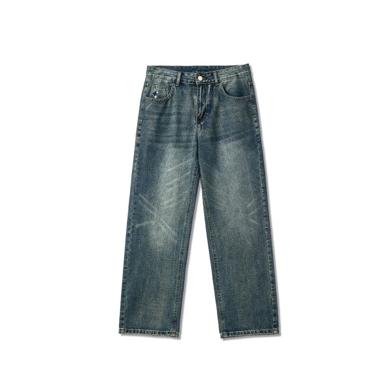 Herren Gerade geschnittene weite Jeans mit hohem Bund und Vintage-Waschung Drune