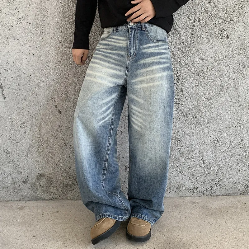 Herren Extraweite Baggy-Denimhose mit hohem Bund, markanten Whisker-Falten und tiefem Schritt Drune