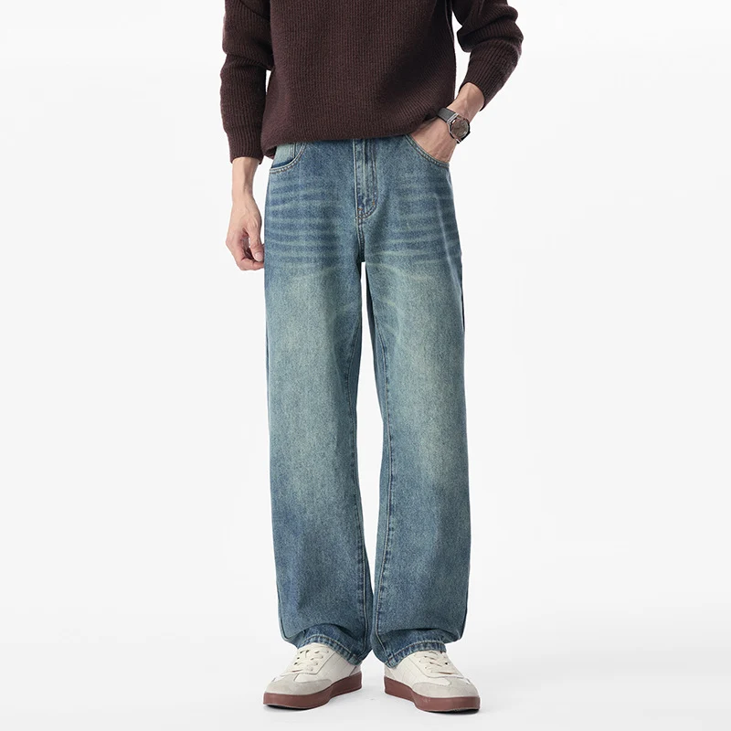 Herren Baggy-Jeans aus schwerem Denim mit leichtem Used-Finish und tiefem Schritt Drune