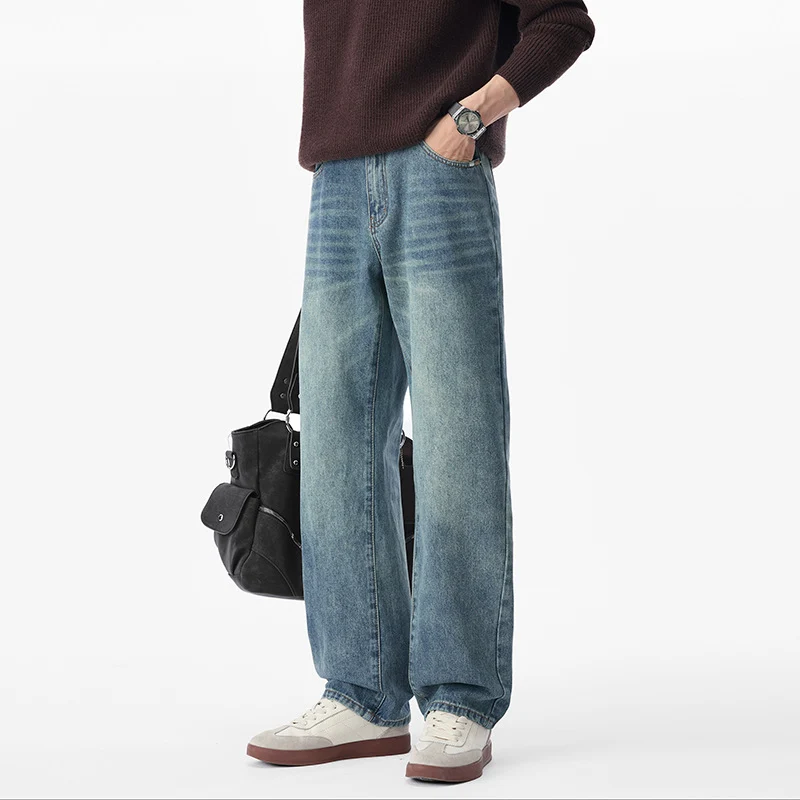 Herren Baggy-Jeans aus schwerem Denim mit leichtem Used-Finish und tiefem Schritt Drune