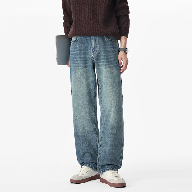 Herren Baggy-Jeans aus schwerem Denim mit leichtem Used-Finish und tiefem Schritt Drune