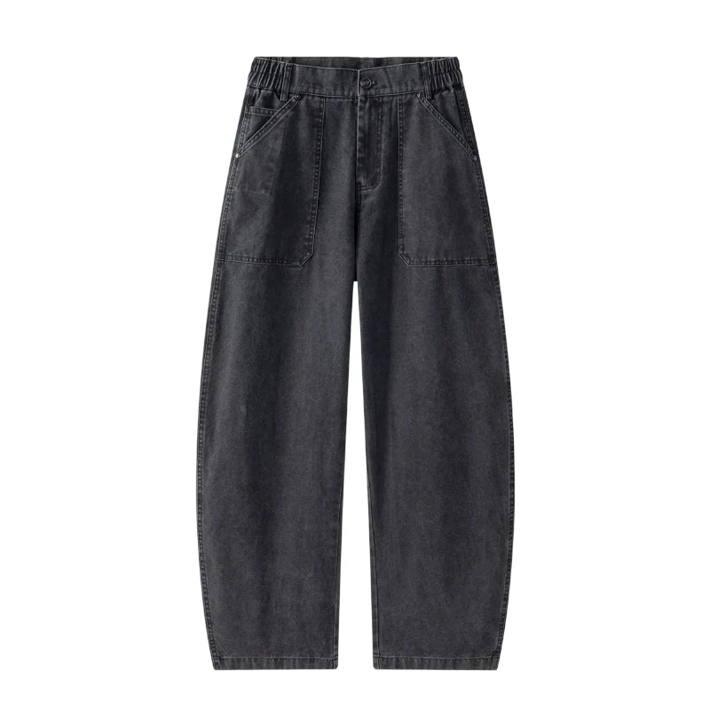 Damen Weite Utility-Jeanshose mit hoher Taille und großen aufgesetzten Taschen Drune
