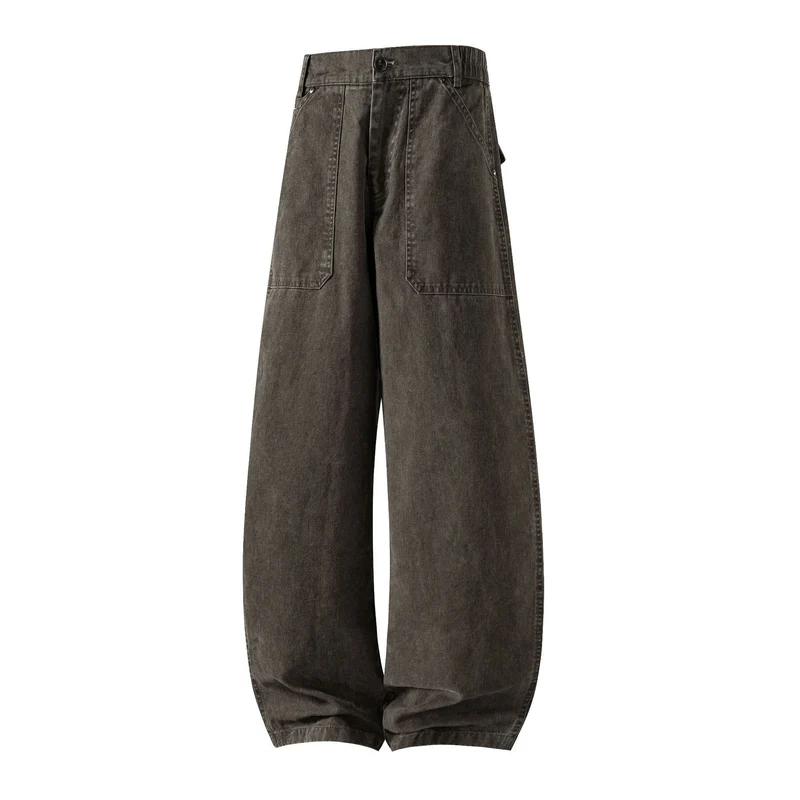 Damen Weite Utility-Jeanshose mit hoher Taille und großen aufgesetzten Taschen Drune