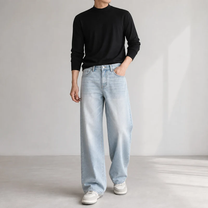 Damen Weite High-Waist-Denimhose mit weitem Bein und Vintage-Waschung Drune