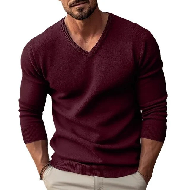 Herren Feinstrick V‑Ausschnitt Pullover aus Stretch‑Masche mit gerippten Bündchen Drune