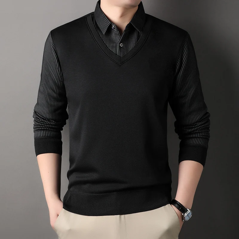 Herren Feinstrick-Pullover mit V-Ausschnitt und Hemdkragen-Optik Drune