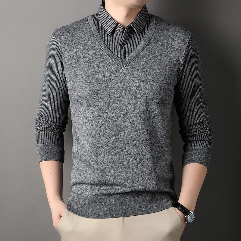 Herren Feinstrick-Pullover mit V-Ausschnitt und Hemdkragen-Optik Drune