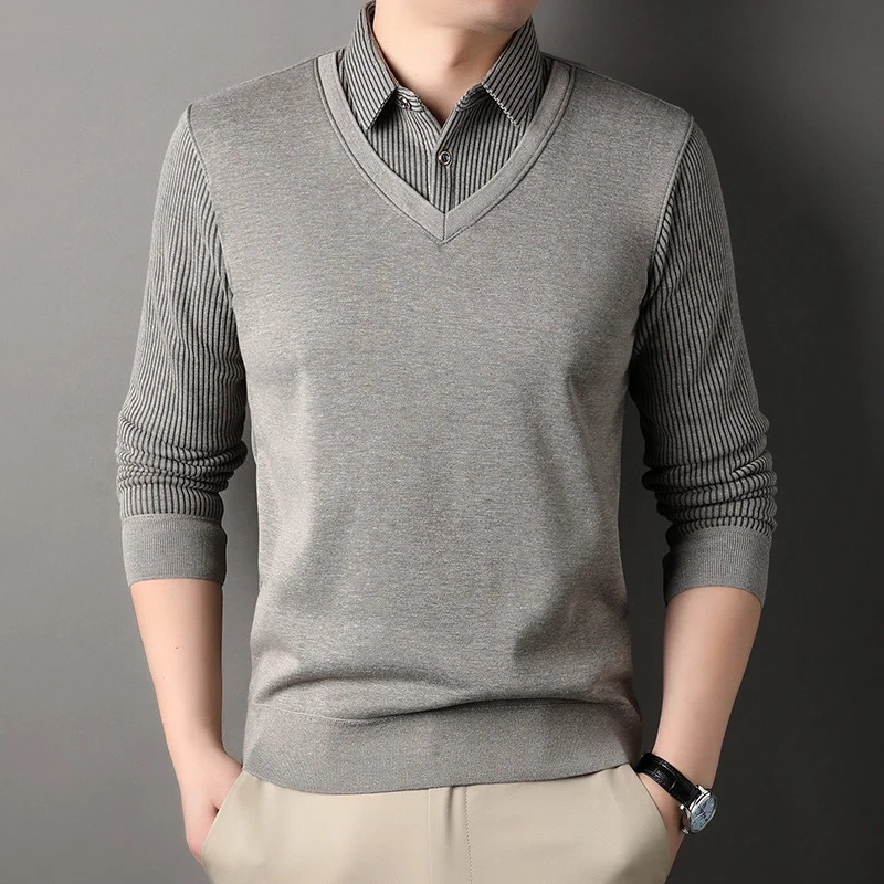 Herren Feinstrick-Pullover mit V-Ausschnitt und Hemdkragen-Optik Drune