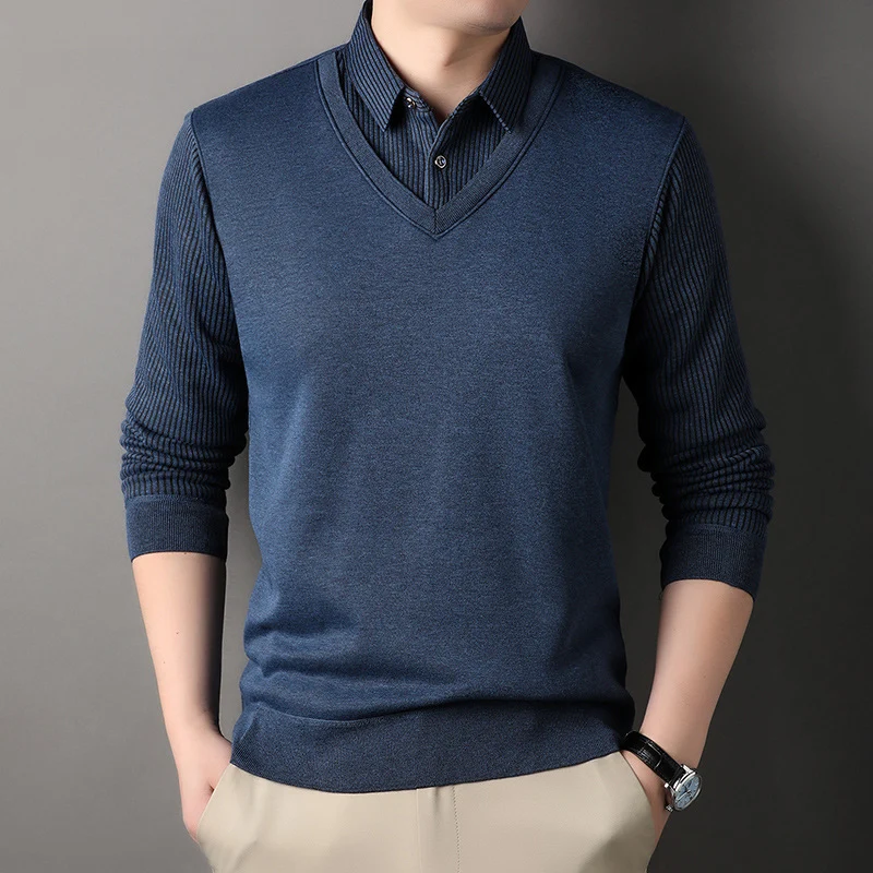Herren Feinstrick-Pullover mit V-Ausschnitt und Hemdkragen-Optik Drune