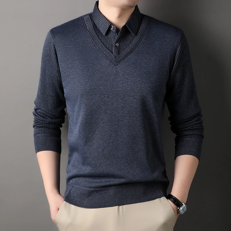 Herren Feinstrick-Pullover mit V-Ausschnitt und Hemdkragen-Optik Drune