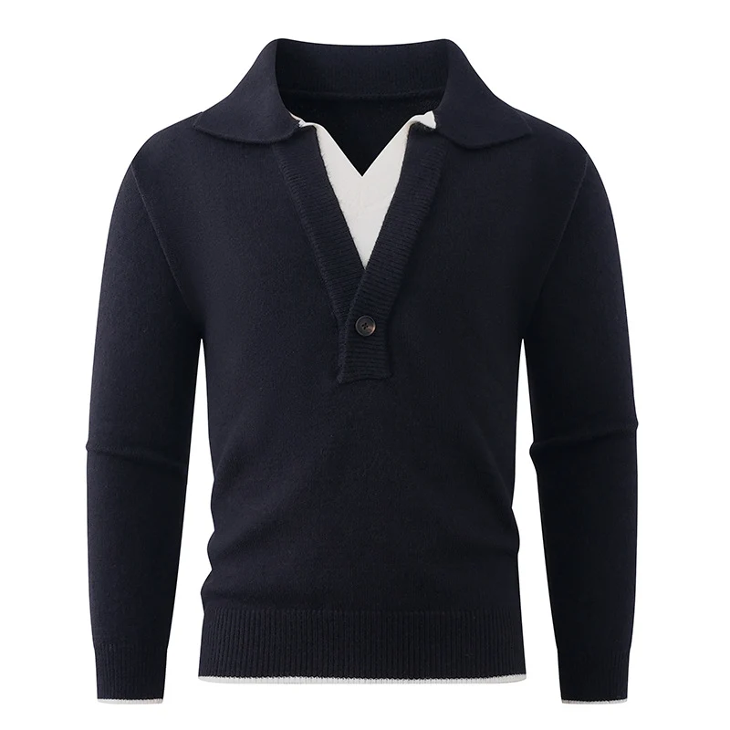 Herren Feinstrick-Pullover mit Polokragen und Ein-Knopf-Halbblende Drune