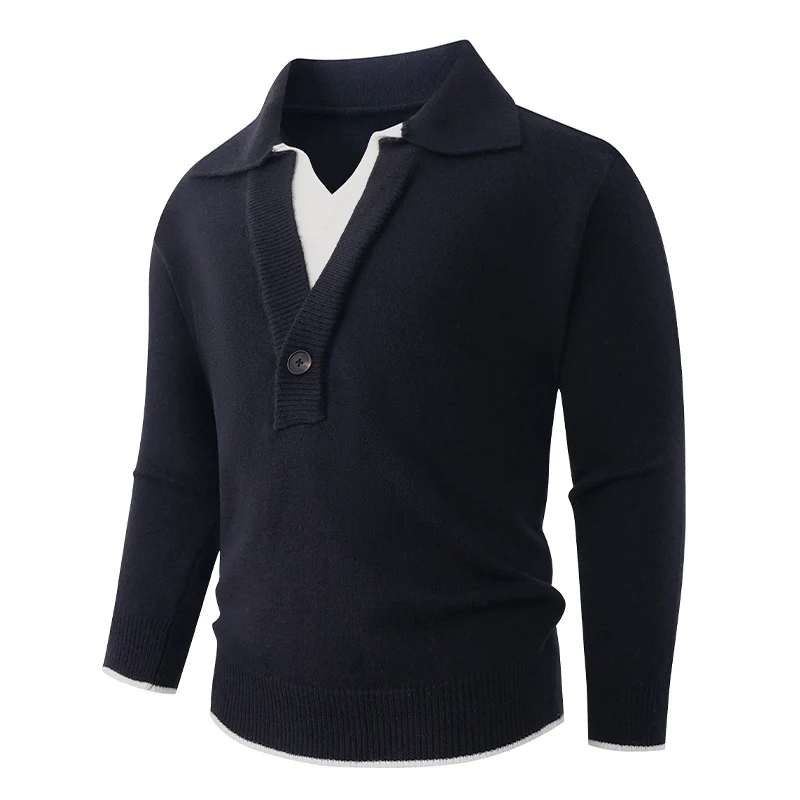 Herren Feinstrick-Pullover mit Polokragen und Ein-Knopf-Halbblende Drune