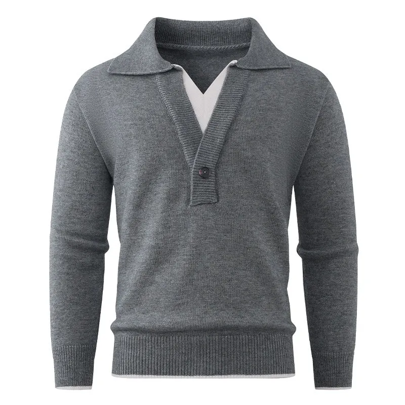 Herren Feinstrick-Pullover mit Polokragen und Ein-Knopf-Halbblende Drune